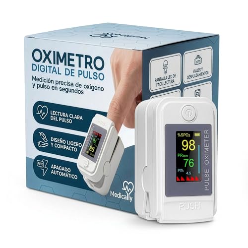Medicaly - Oximetro Dedo Profesional con Pantalla OLED - Pulxiosimetro Medidor de Saturacion de Oxigeno en Sangre y Frecuencia Cardiaca - Ligero y Portatil.