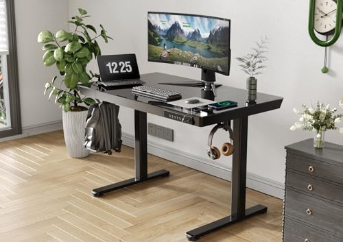 Image of Claiks Small Glass Standing Desk with Drawers & USB Ports 32x19 Black