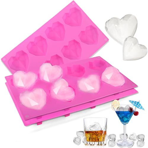 Palksky 3pcs Heart Ice Cube Tray, Whiskey Ice Cubes Mold Cocktail Ice Tray Diamond Heart Shaped Silicone Ice Molds for Freezer Easy-Release Reusable Ice Maker for Valentines Parties Homemade Drinks
