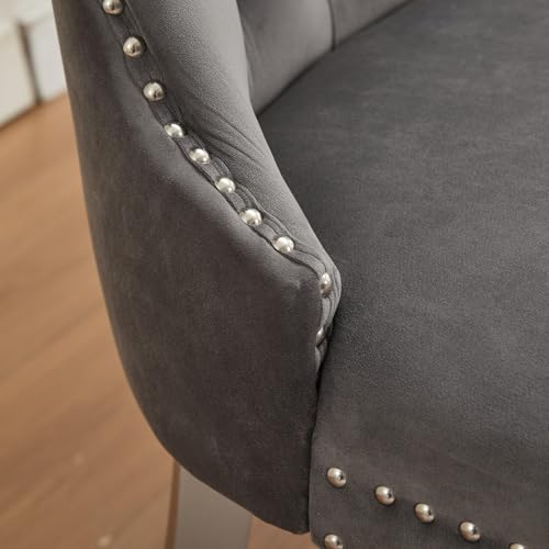 Image of 45.6''Velvet Dining Bench, Button Tufted Upholstered Dining Table Bench with Wing Highback, Nailhead Decoration, Small Loveseat Sofa with Silver Stainless Steel Legs, Mid Century Modern Seating, Grey