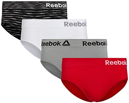 Reebok Women's Seamless Hipster Panties with Tag Free Elastic Waistband (4 Pack), Grey/White/Red/Black, Size Medium'