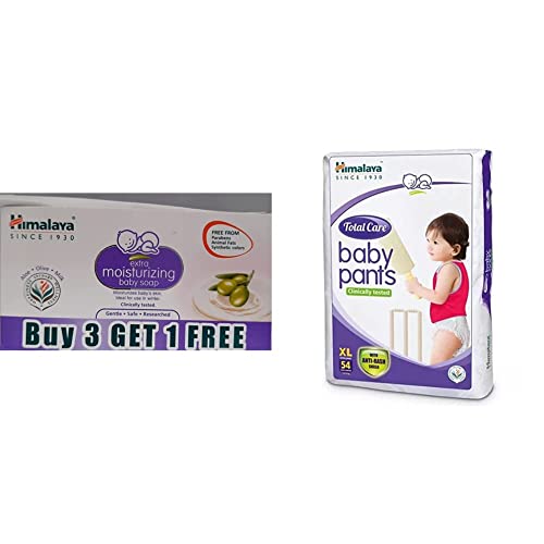 Image of Himalaya Extra Moisturizing Baby Soap (75g, Buy 3 Get 1 Free) & Himalaya Total Care Baby Pants Diapers, X Large, 54 Count