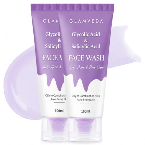 Image of Glamveda Glycolic Acid & 0.05% ww Salicylic Acid Anti Acne Face Wash (100ml Pack of 2) | For Oily & Acne Prone Skin | Oil balancing, Deep Cleansing | No Paraben, SLS