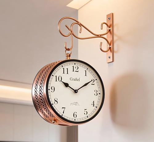 Image of CRAFTEL Double Sided Station Wall Clock Electroplated | Analog Numerals | Aluminum Matte-Finish Dial Brass Body | Handcrafted Jodhpur Gift for Home | Dial - 8 Inches, Rose Gold | 365 Days Warranty
