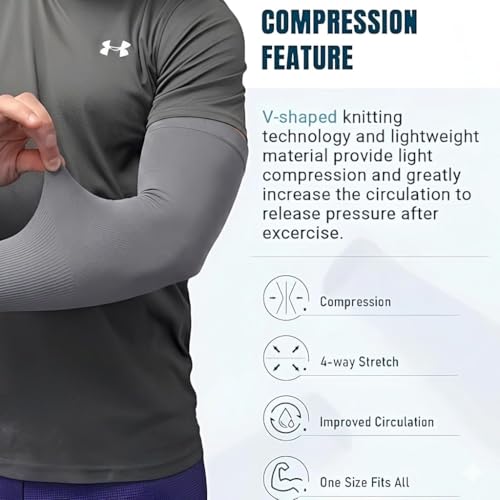 Image of PULGOS Grey Arm Sleeves for Men & Women (Pack of 2) | UV Sun Protection Cooling Sleeves | Breathable Sports Arm Sleeves for Cycling, Running, Driving & Outdoor Use