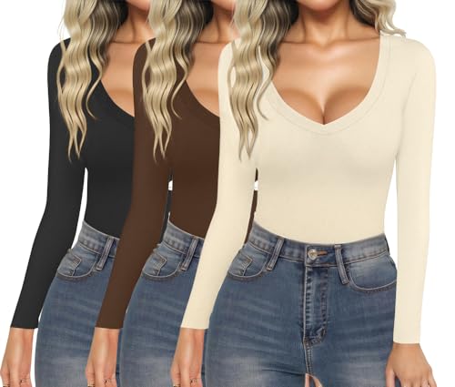 Ekouaer 3 Pack Long Sleeve Shirts for Women Deep V Neck Basic Thermal Tops Base Layer Undershirts XS-XXL