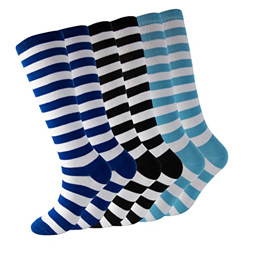 Cerebro Knee High Socks for Kids Stripes Girls Cotton Calf Athletic Tube Socks SOCKS (3Pairs 6-10Y 3Pairs Blue black light blue)