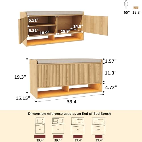 HOMEFORT 39.4\" Fluted Shoe Storage Bench, Entryway Bench with Linen Seat Cushion, Shoe Cabinet Bench with Adjustable Shelf and Built-in LED Sensor Light, Bench for Bedroom End of Bed, Natural Oak - Thumbnail 2