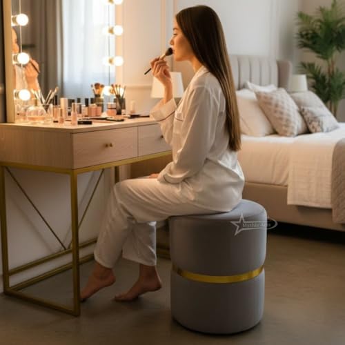 Image of Round Single Strip Upholstered Stool Living Room Foot Rest Linen Fabric Padded Seat Pouf Ottoman Office Stool Grey
