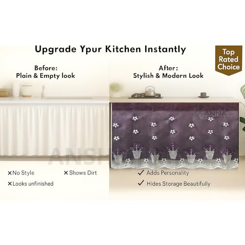 Image of Embroidered Kitchen Sink Curtain with Rod Pocket | Decorative Under Sink Cabinet Curtain | Floral & Peacock Design | Washable Fabric | Size: 150 x 71 CM (Purple, Pack of 1)