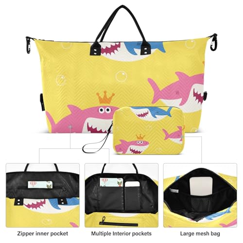 Blue and Pink Shark Pattern Duffle Bags for Women Men Waterproof Weekender Overnight Bags Hospital Bag Large Tote Bag with Toiletry Bag for Yoga Gym Travel Sport Hospital2