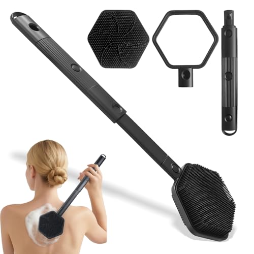 Cepillo Espalda Ducha con Mango Largo Extensible Cepillo Exfoliante Corporal Extraíble de Dos Caras y Silicona 3 Ajustes de Longitud (36/44/53 cm) Limpia sin Esfuerzo la Espalda y Todo el Cuerpo Negro
