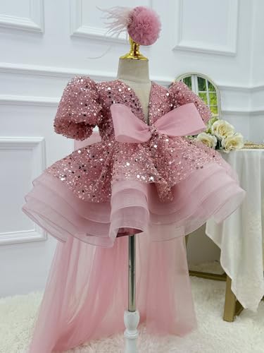 Sequins Pageant Princess Dress Toddler Girls Bubble Sleeves Birthday Party Dress Flower Girls Tutu Detachable Tail4