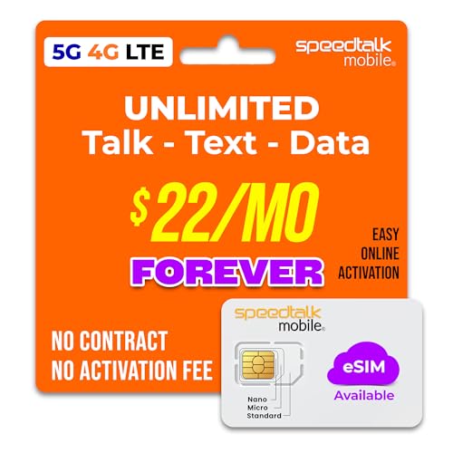 Image of SpeedTalk Mobile Pre-Paid eSIM and SIM Card Starter Kit - No Contract Wireless $22mo Talk Text Data Unlimited Plans - Cellphone 5G 4G LTE Apple iPhone, Android Smart Phones