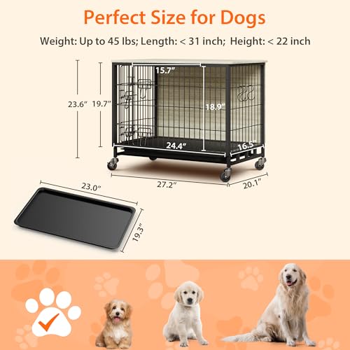 Dog Crate Furniture, 27.2" Modern Double-Door Dog House with Pull-Out Tray, Heavy-Duty Wooden Kennel & Removable Wheels, Side Table for Small Dog Sizes, Rustic Gray - Image 5
