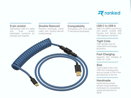 Image of Ranked Coiled Keyboard Cable | Handcrafted Double-Sleeved Braided Cable | USB Type C to A | 5-Pin Aviator Connector for Custom Mechanical Gaming Keyboard | Support Fast Charge 20W (Skydiver)
