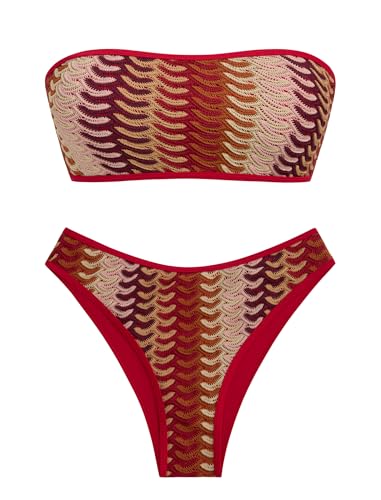 Image of ZAFUL Women Strapless Textured Bandeau Bikini 2 Piece Swimwear Cheeky Solid Lace up Bathing Suits