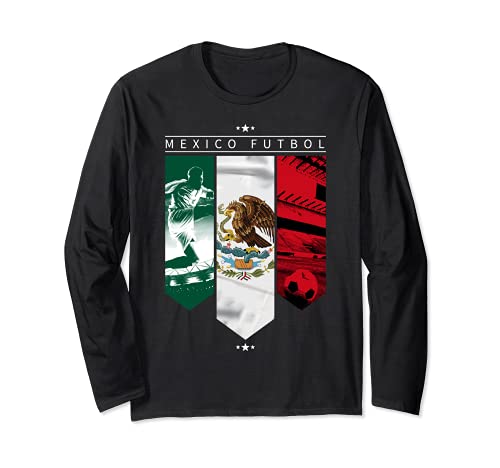 Mexico Futbol Three Panels Red White Green Long Sleeve T-Shirt, Black