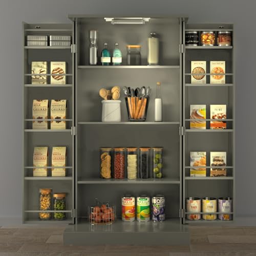 GEPELCN 50" LED Kitchen Pantry Cabinet Grey Storage Cabinet Food