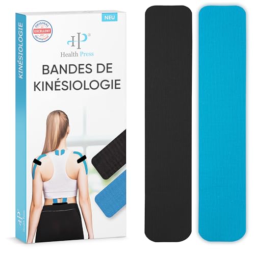 Health Press® Bandes de Kinesiotape – 50 Pièces Bleu + Noir (25cm x 5cm) Bande de Kinésiologie Pré-découpée | Tape Physio et Sport | Imperméable et Élastique | Tape Doux pour la Peau