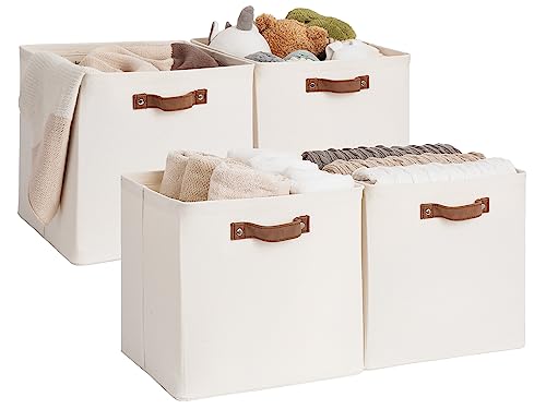 Image of StorageWorks 13x13 Inches Storage Cube, Fabric Storage Bins with PU Handles, Collapsible Organizer Baskets for Closet, Beige, 4-Pack