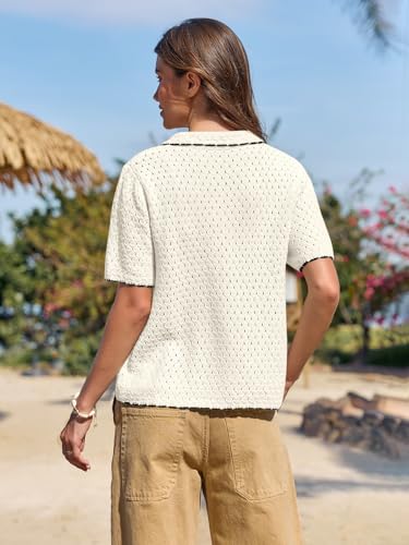 Image of Yousify Womens Casual Summer Short Sleeve Sweaters Button Down Crochet Knit Tops 2026 Loose Cute Cardigan Sweater