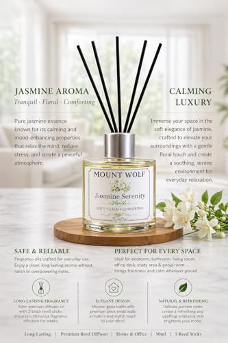 Image of Jasmine Serenity Reed Diffuser Air Freshener 50ml with 5 Premium Black Reed Sticks | Long Lasting Floral Fragrance for Home, Bathroom, Office desks & Small Rooms