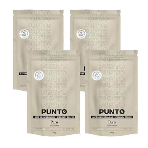 PUNTO - Café de Especialidad Arábica en Grano - 250 g - Tueste Natural de Perú - Aroma a Miel, Cítrico y Flores - Sabor Afrutado y Cuerpo Medio - Intensidad 5 de 10 (Paquete de 4)
