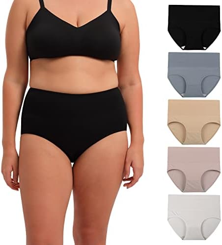 INNERSY Women's High Waisted Underwear Cotton Panties Regular & Plus Size 5-Pack(XL,Light Mist)