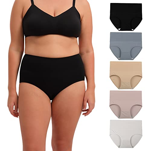 Innersy Women's High Waisted Underwear Cotton Panties Regular & Plus Size 5-Pack(Xl,Light Mist) #TOP3