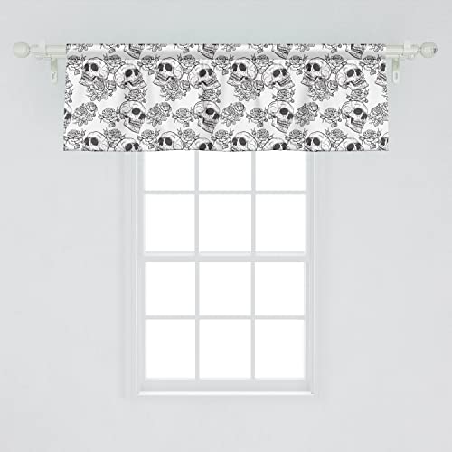 Lunarable Skull Window Valance Pack Of 2, Blooms Retro Style Otherworld Textured Western Style Celtic Halloween Horror, Rod Pocket Curtain Valances For Kitchen Bedroom, 54" X 18", Charcoal Grey White #TOP6