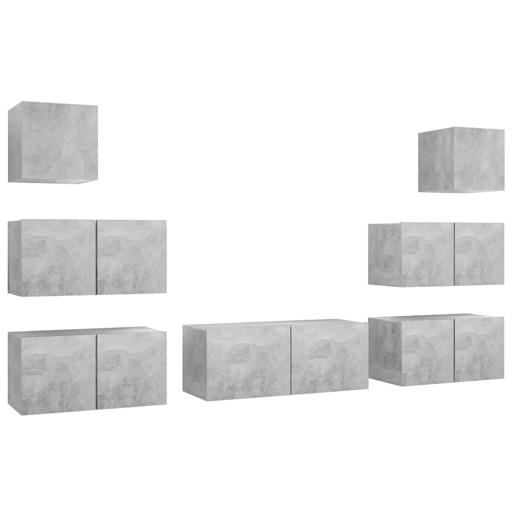 Meuble TV moderne suspendu gris béton 7 pièces avec rangement