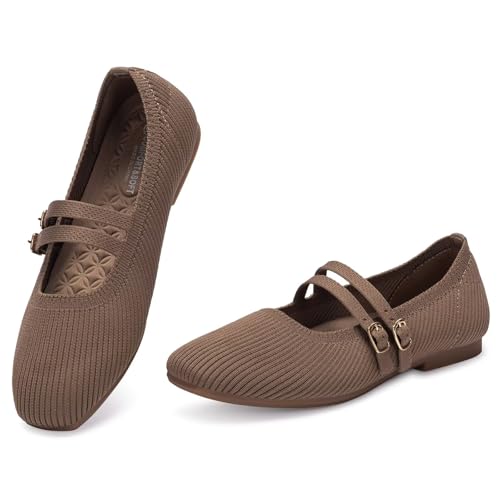 Image of Frank Mully Women's Flats Square Toe Mary Jane Shoes Ballet Flats with Strap Comfortable Slip On Knit Shoes Dressy Casual