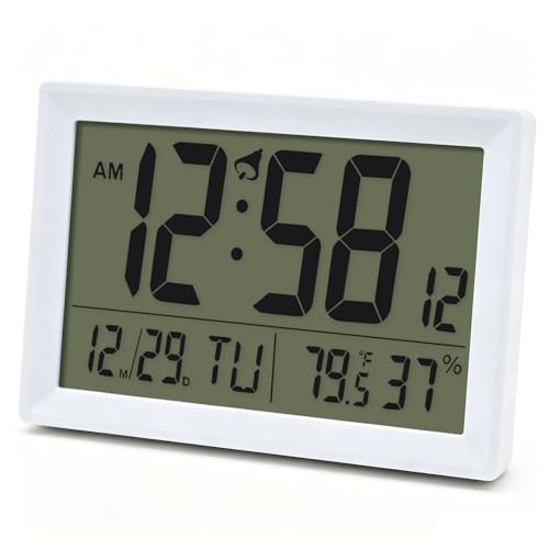 Tikonir Digital Wall Clock Battery Operated with LCD Display, 6.5” Small Digital Clock with Seconds/Temperature/Humidity/Snooze - 12/24H, Digital Alarm Clocks for Bedrooms, Living Room, Office, Gym
