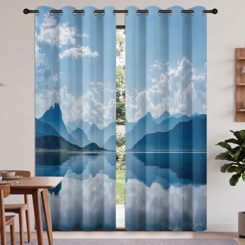 Cortina opaca de montañas y lago 29.5x65 pulg con aislante térmico azul 3