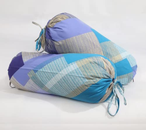 Image of Swayam Set of 2 Pure Cotton Bolster Cover | 30x30 Inch | Soft Breathable Masnad Cover 210TC | Durable & Washable | Geometric Print Bolster Cover for Diwan, Bed & Sofa - Blue