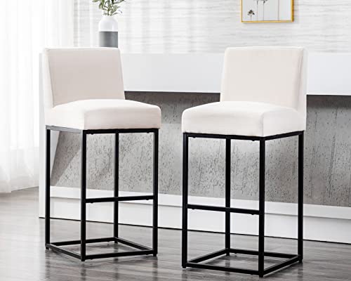 Modern Counter Height Bar Stools Set of 2, Linen Upholstered Kitchen Island Stools with Backrest, 31 Inch Bar Stools with Black Metal Frame, Cream