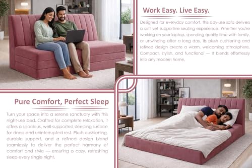 Image of Three-Seater Floor Sofa Bed with Adjustable Backrest, Modern Velvet Fabric Folding Couch for Living Room, Guest Room & Small Spaces-Rose Pink