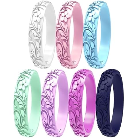 Zollen Women's Silicone Wedding Bands Set of 4/7 - Stackable Silicone Wedding Bands - Innovative Branches and Leaves Floral Collection,Size 07 Cover