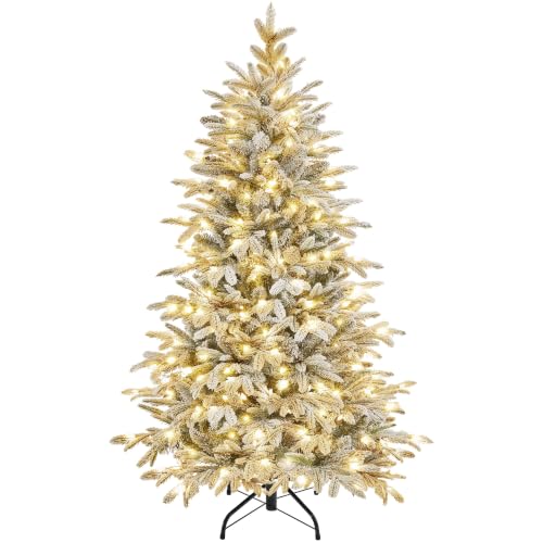 Image of Yaheetech 5ft/1.5m Pre-lit Flocked Christmas Tree 200 Warm White LED Lights