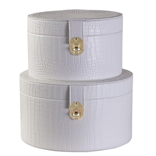 ELPMD Large Leather Decorative Boxes Set of 2 Round Hat Box Bin Basket with Lid for Shelf Coffee Table Storage Remotes Modern Home Decor White Crocodile-Pattern