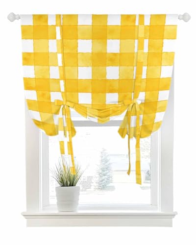 Tie Up Curtains for Windows Watercolor Yellow Plaid Rod Pocket Tie-Up Window Shade Adjustable Balloon Curtain Valance Classic Geometric Stripe for Bedroom Kitchen Bathroom Blinds,52x45in