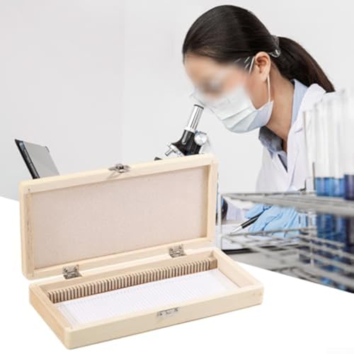 Boîte de rangement pour 50 lames de microscope avec serrure en fer, construction en bois pour une manipulation sûre des échantillons scientifiques et laboratoires (50 pièces)