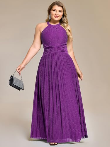 Image of Ever-Pretty Plus Women's Floor Length A-Line Halter Sleeveless Pleated Glitter Plus Size Formal Dress Evening Gown