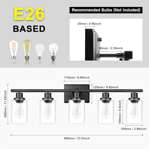 Image of Ascher 5-Light 37.8 inch Wall Sconces, Modern Vanity Light Fixture with Clear Glass Shade, Black Finish Wall Light for Mirror Bedroom Hallway, E26 Base (Bulbs Not Included)
