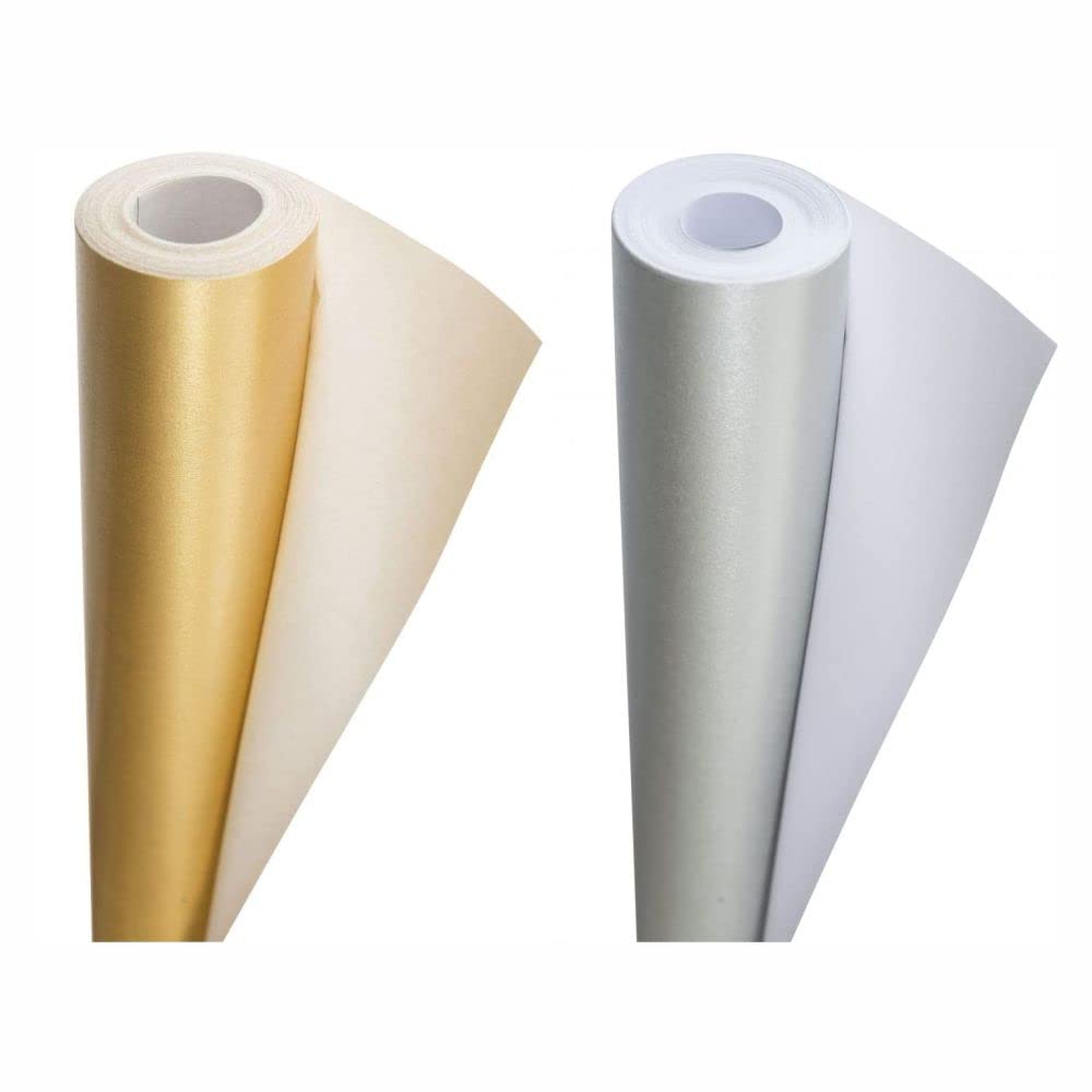 3 Ace Crafts Pack of 2 Display Poster Paper Roll-10M Perfect Ideal for Wrapping, Packing, Wrap Birthday Gifts, Table Runner, Covering, Parcel, School Board- 76cm Width Approx – Gold & Silver
