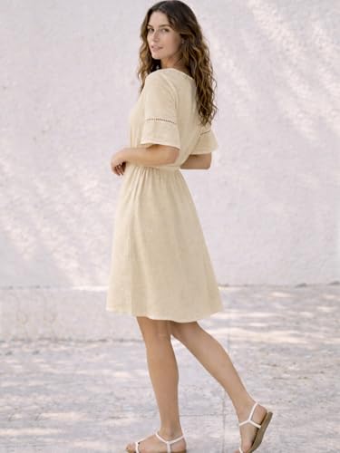 Summer Dresses for Women Linen Casual Mini Flowy Drawstring Waist Pockets — view 6