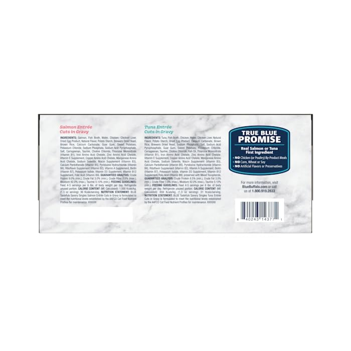 Image of Blue Buffalo Tastefuls Savory Singles Salmon and Tuna Natural Wet Cat Food Cuts in Gravy Variety Pack 2.6 oz. Count of 12