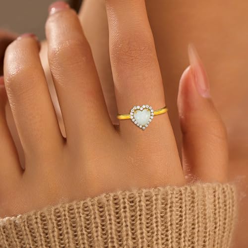 Opal Heart CZ Promise Ring for Women 925 Sterling Silver Love White Opal Engagement Band CZ Ring 14k Gold Plated to Daughter Mom Dainty Stackable Ring Wedding Christmas Jewelry Gifts for Her2
