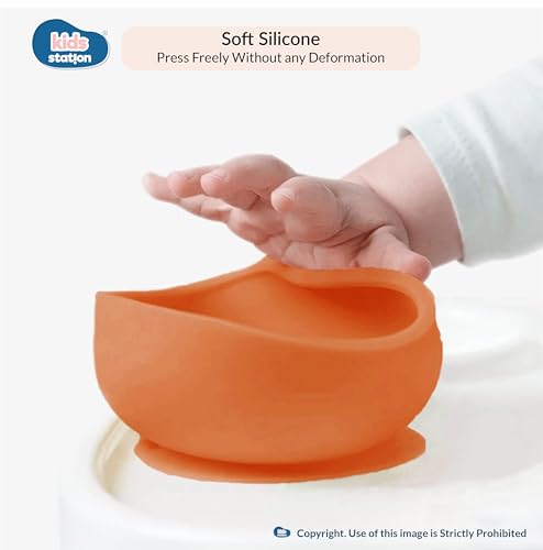 Image of Kids Station Solid Easy to Carry Silicone Baby Feeding Set - Bowl - Spoon - Make Mealtime Fun And Easy - Tableware Meal Utensils For Kids With Suction - Baby Feeding Product (Set of 3, Orange)